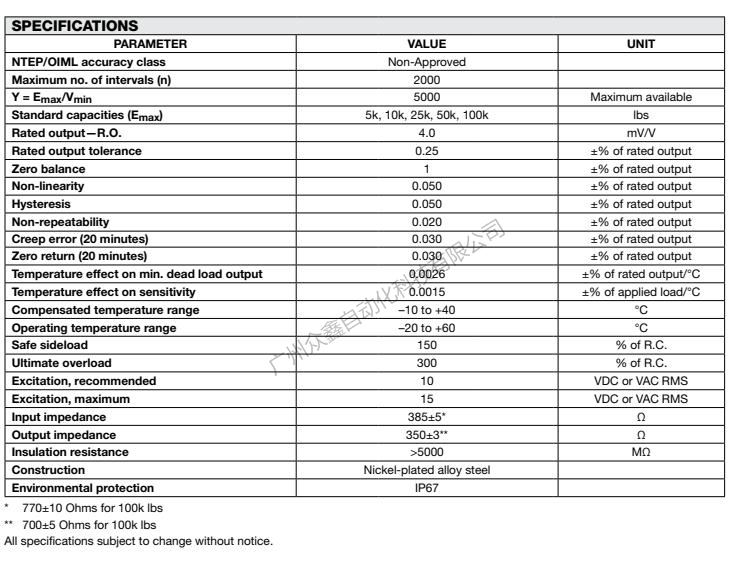 美國世銓 LCD-2.2T稱重傳感器技術(shù)參數(shù)